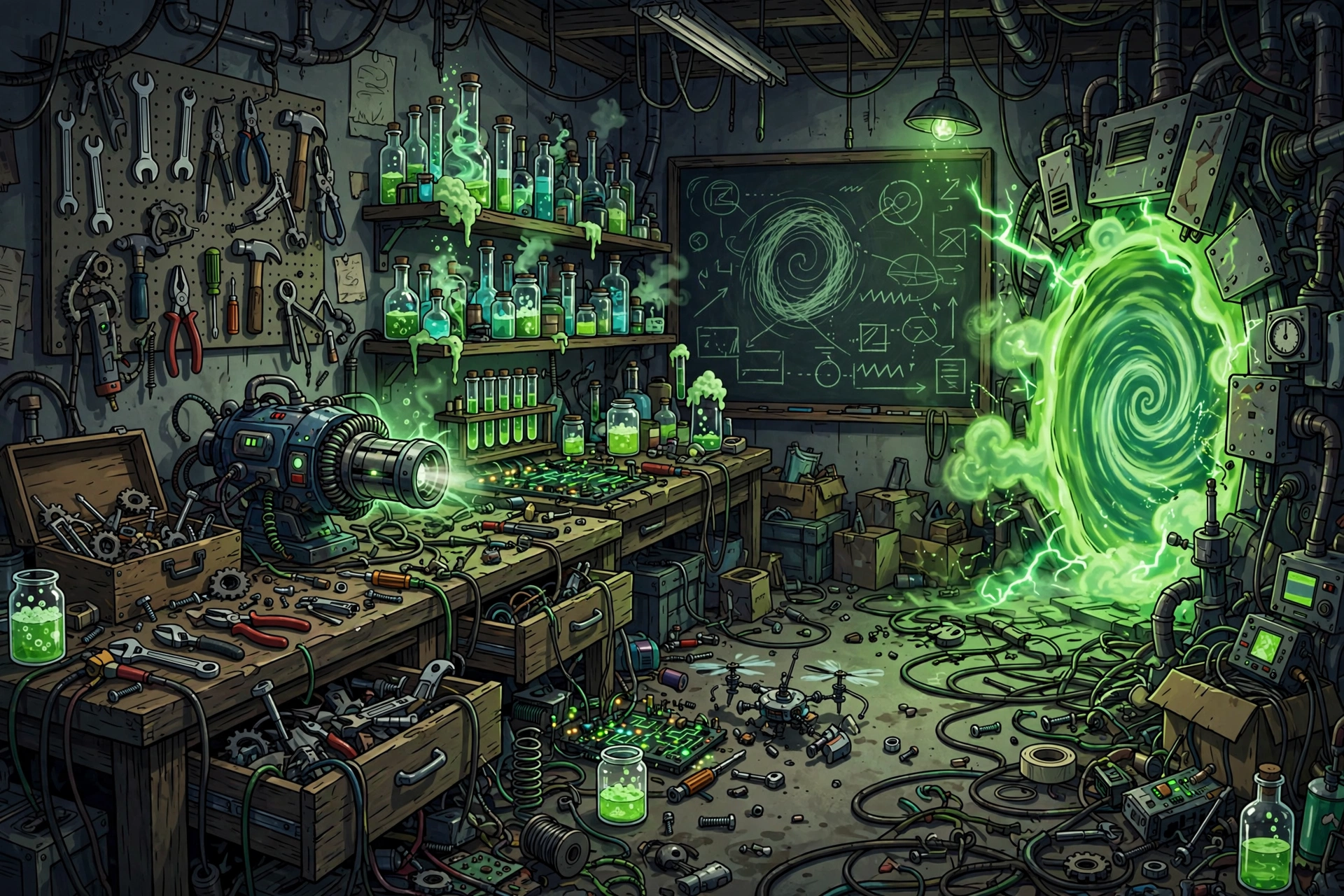 An experimental garage workshop with a portal device on the bench