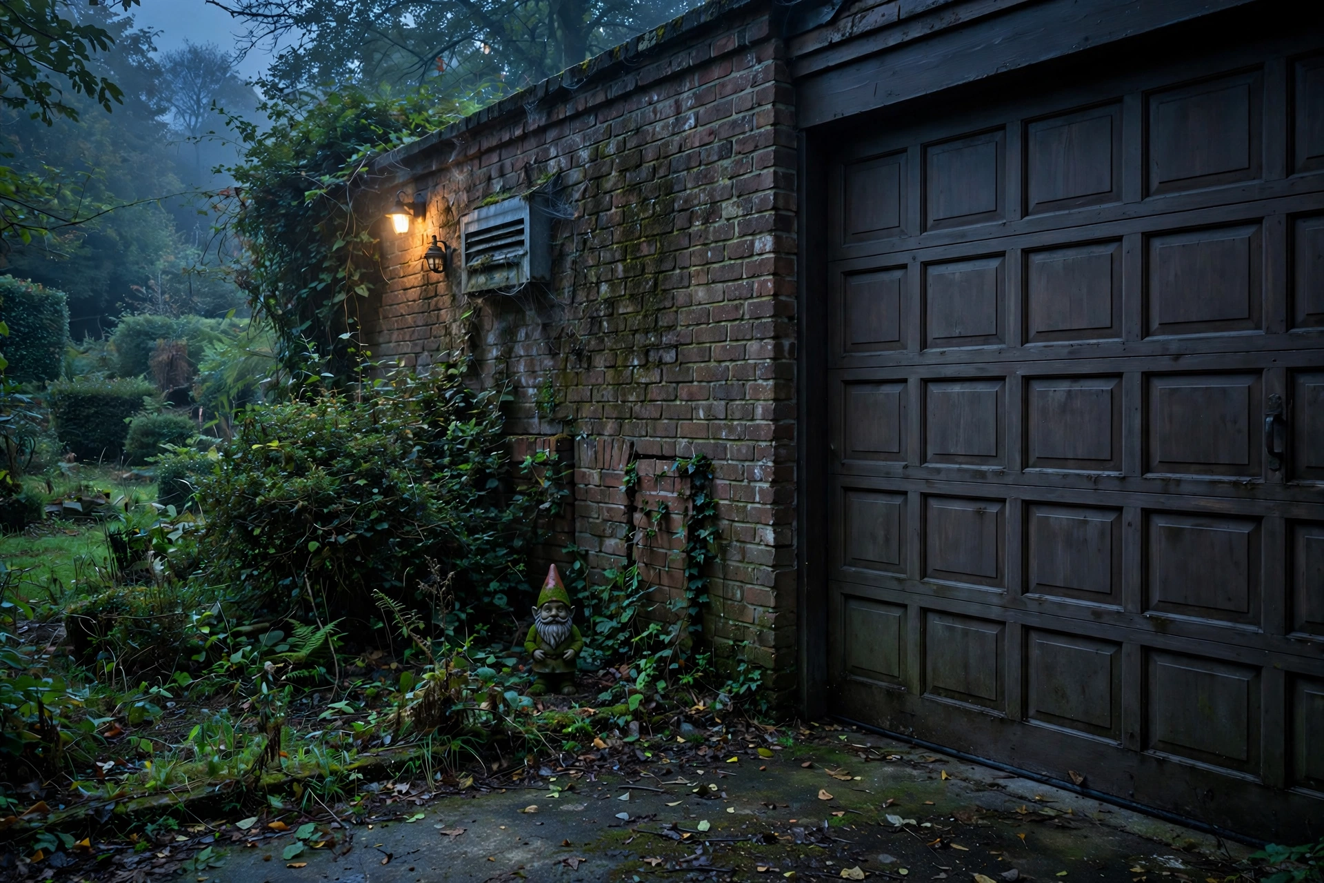 A misty garage exterior with a garden gnome
